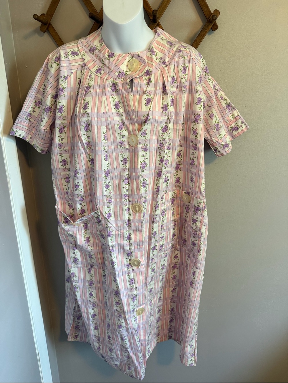 Vintage Floral Plaid Short Sleeve Snap Button Front Duster House Dress Plus Size